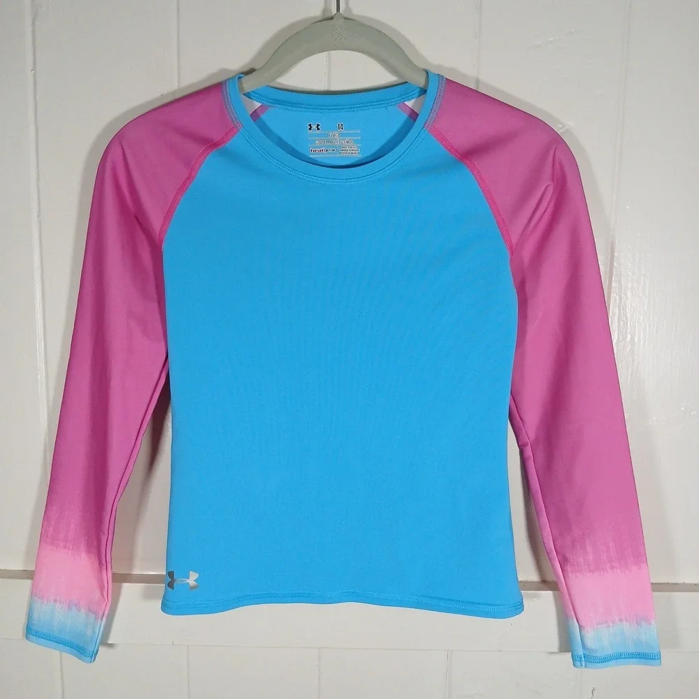 Under Armour Kids HeatGear Compression Fitted Shirt Blue Pink Ombre Size 14 Girl